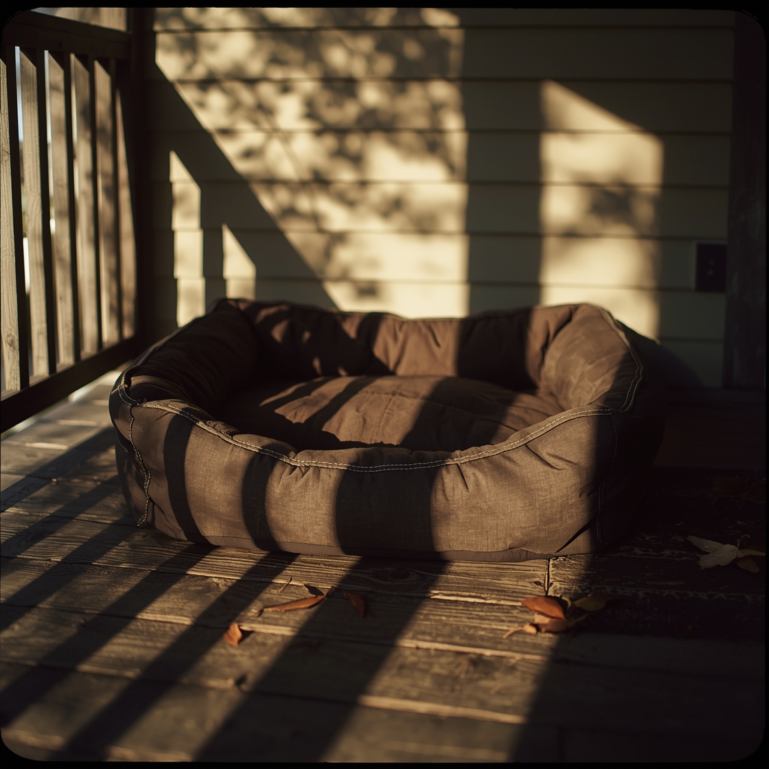 Durable dog bed on a wooden porch floor