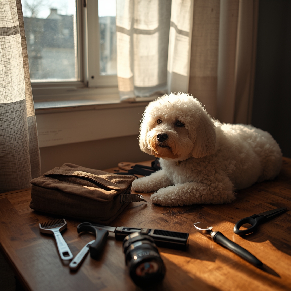 Camkey Dog Grooming Kit and tools on wooden table beside fluffy white dog