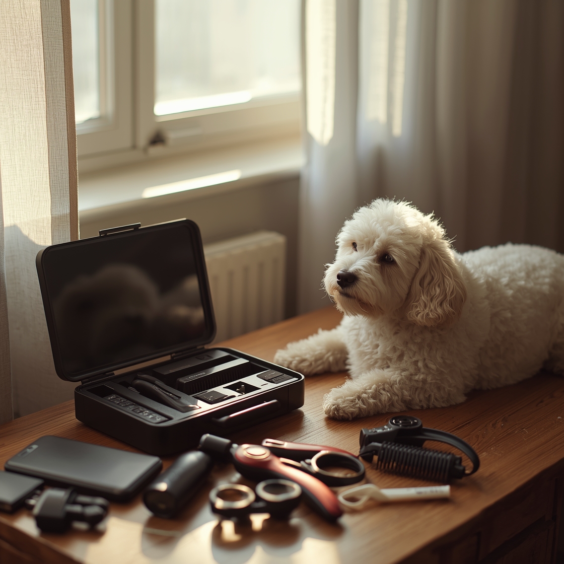 Neakasa P2 Pro Dog Grooming Kit and fluffy white dog