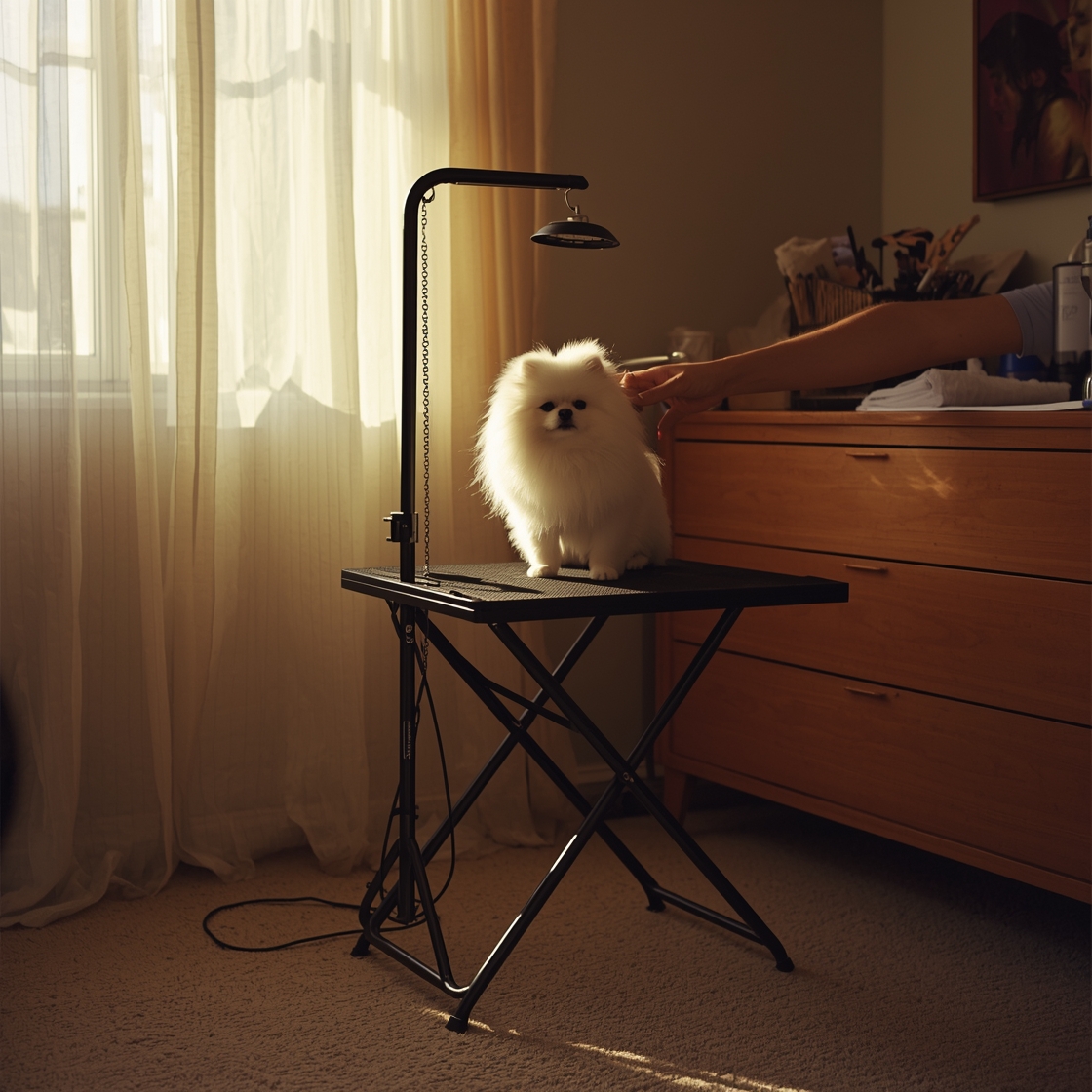 Foldable dog grooming table in small home grooming station