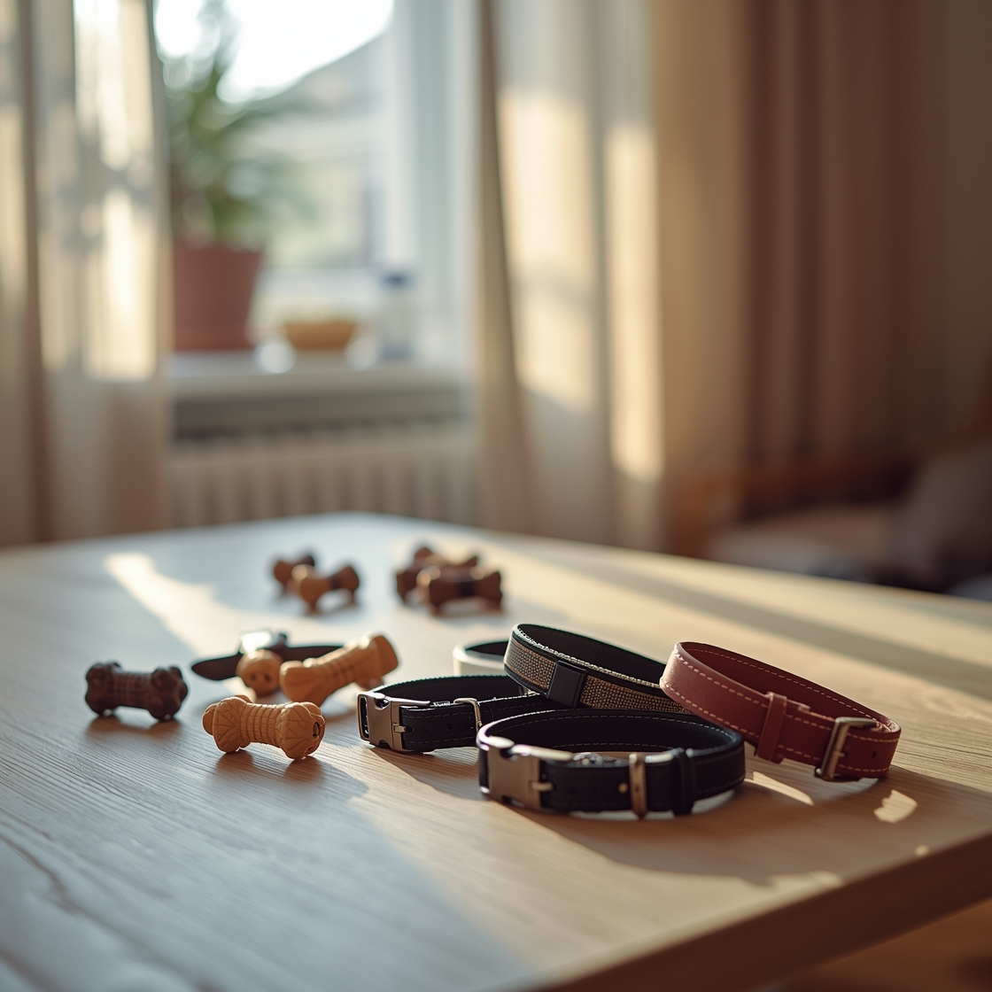 Flea collars for dogs arranged on a tabletop