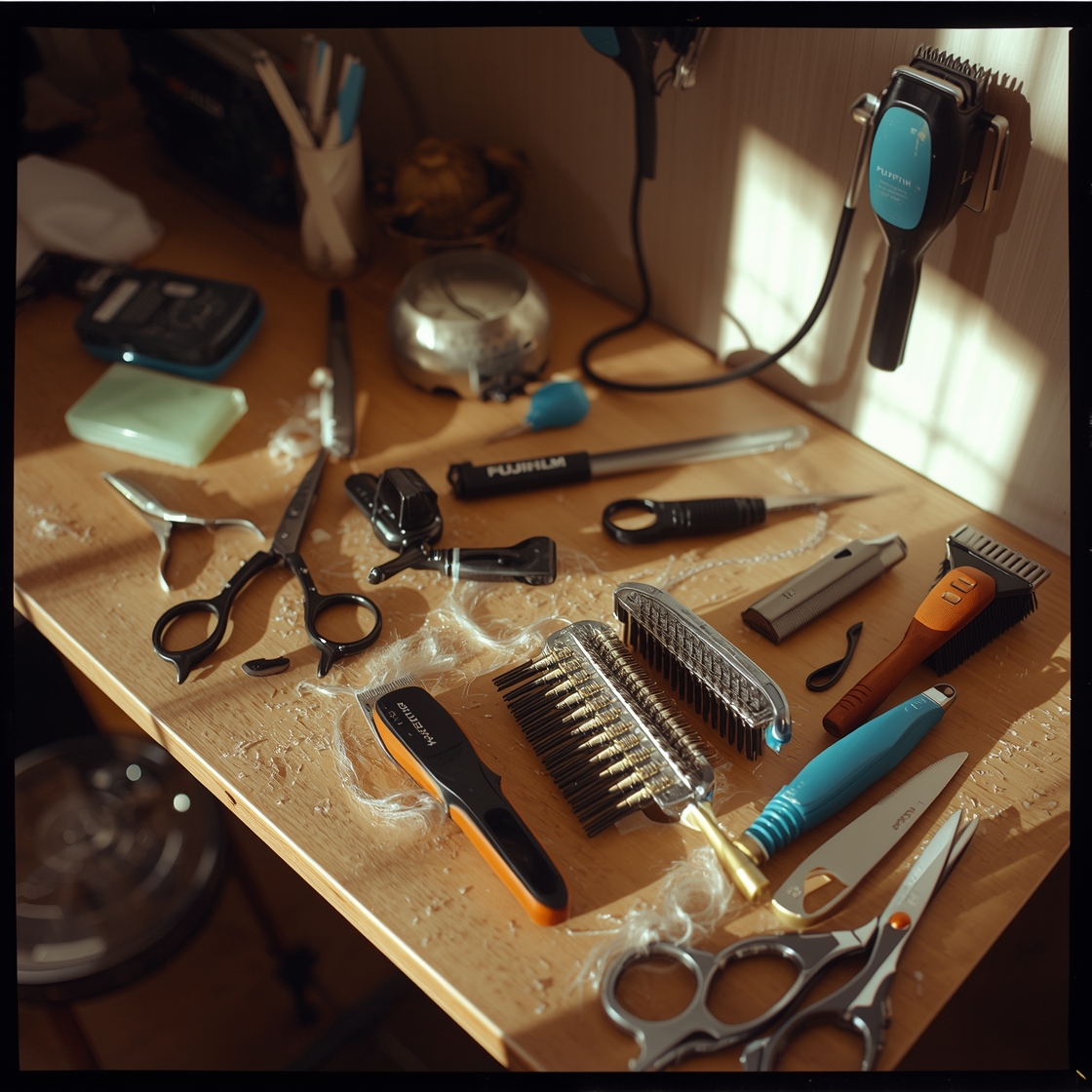 Dog grooming tools and equipment on a wooden table