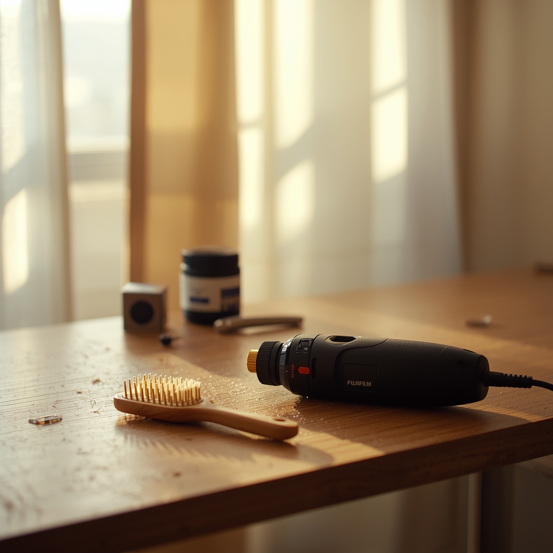 Cordless dog nail grinder on a wooden grooming table