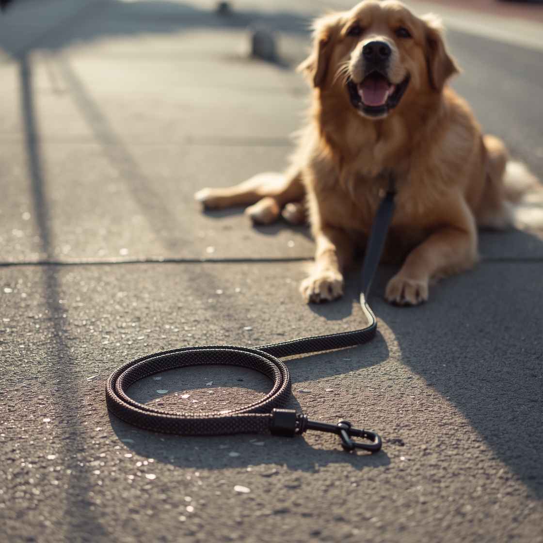A sturdy dog leash and happy golden retriever on sidewalk