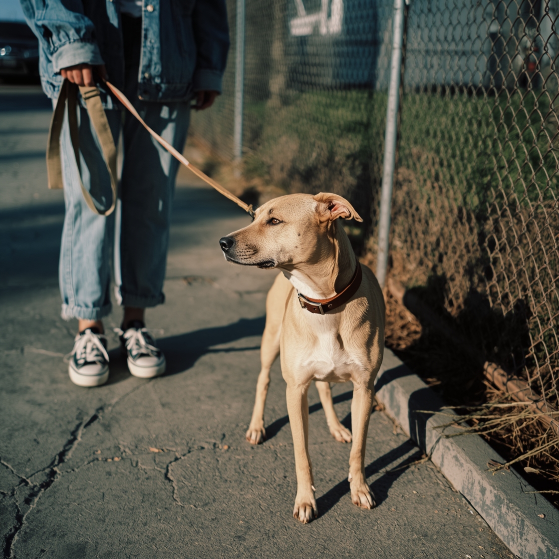 Person walking dog on leash beside chain-link fence