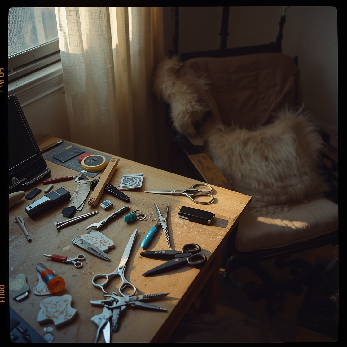 Home workspace pet grooming station with various clippers and tools