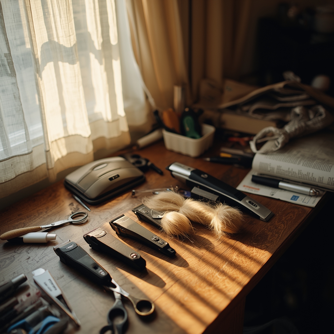 Pet grooming clippers laid out on a wooden desk at home