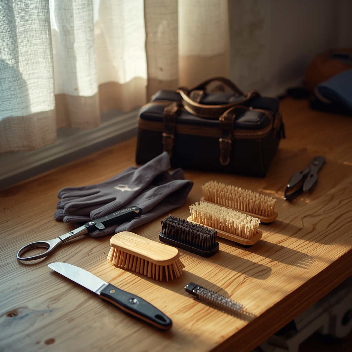 Assortment of top-rated cat grooming tools on a wooden workbench