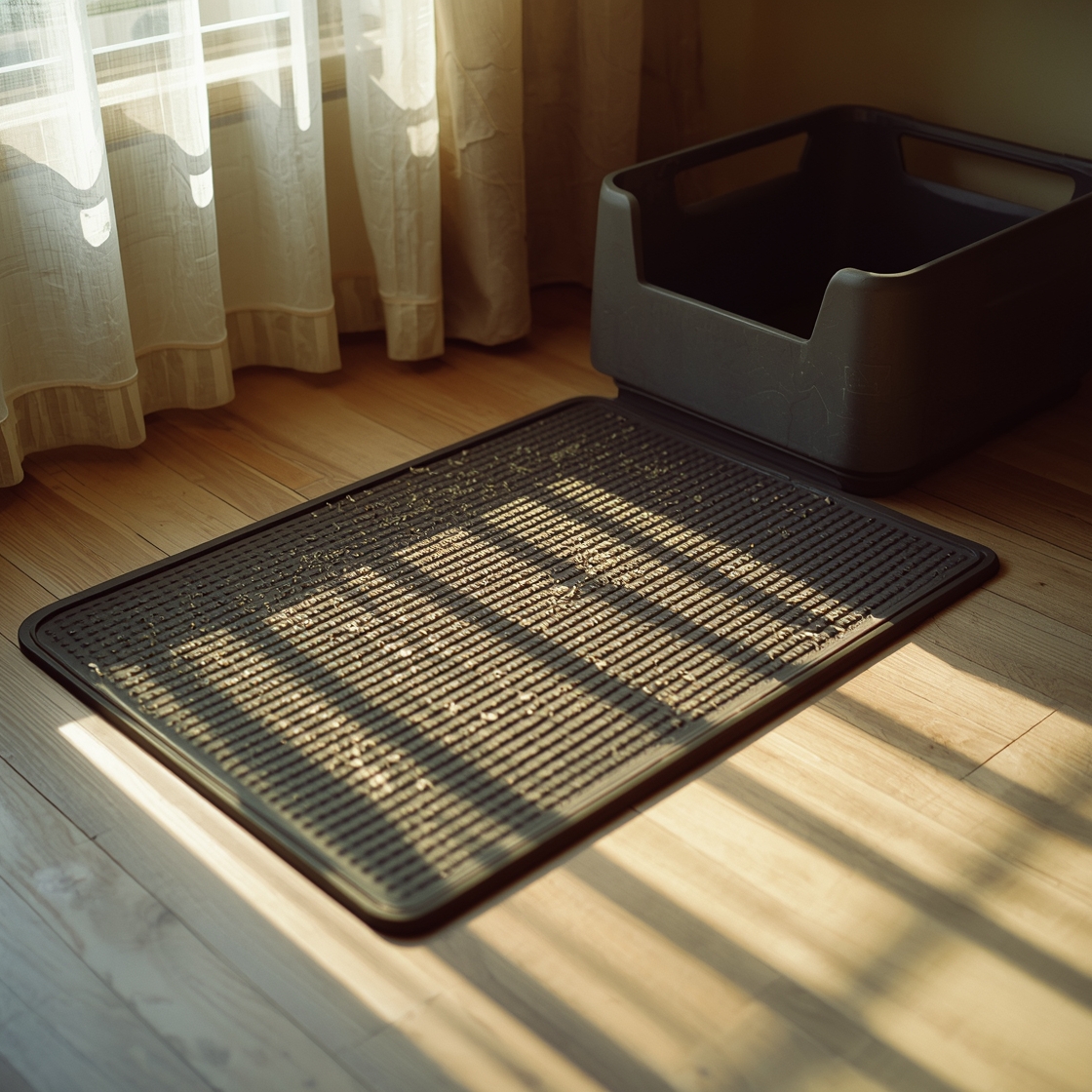 Dark grey cat litter mat on hardwood floor beside litter box
