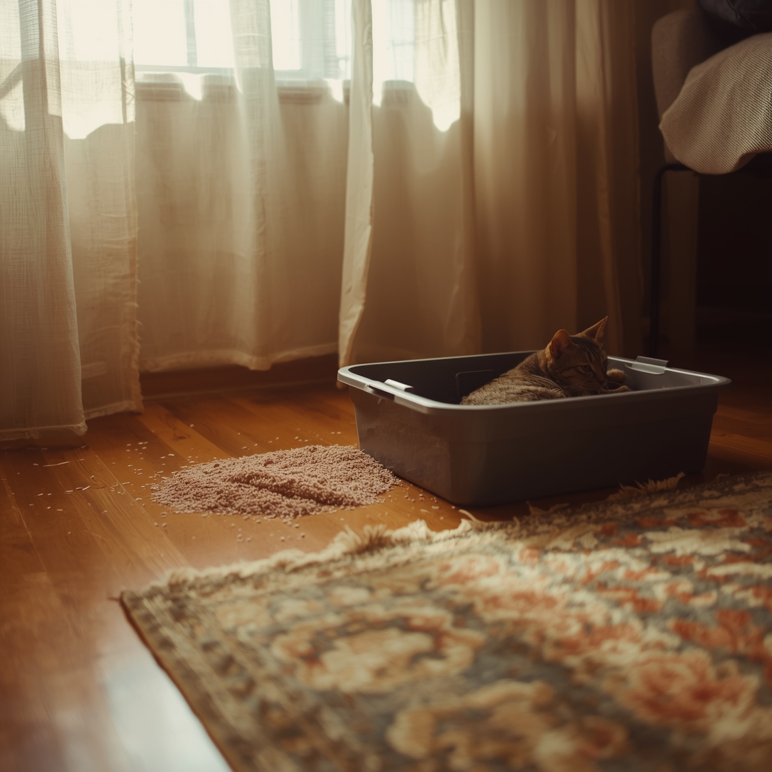 messy cat litter box with scattered debris on hardwood floor
