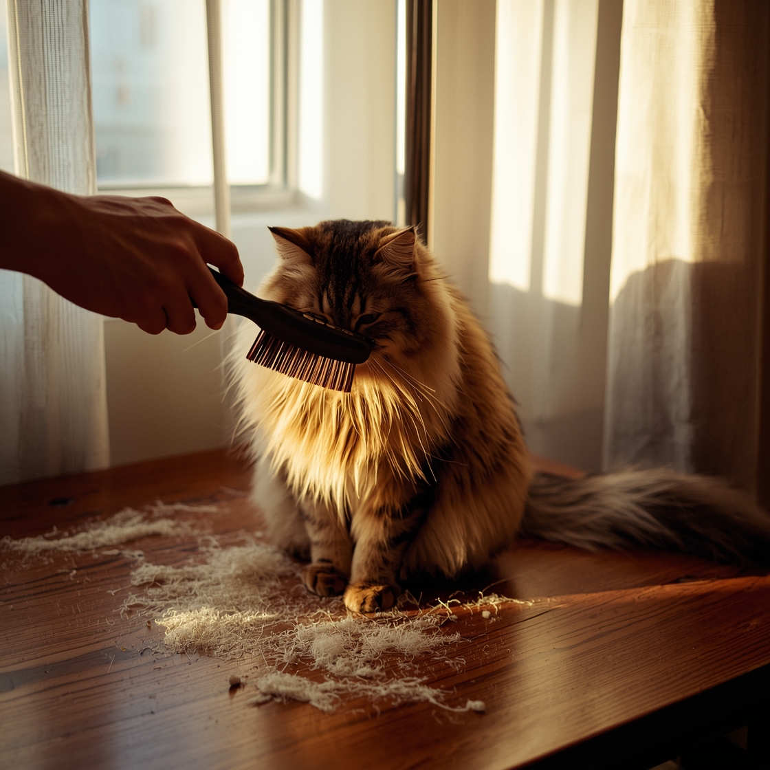tabby cat being brushed on wooden grooming table with scattered cat hair