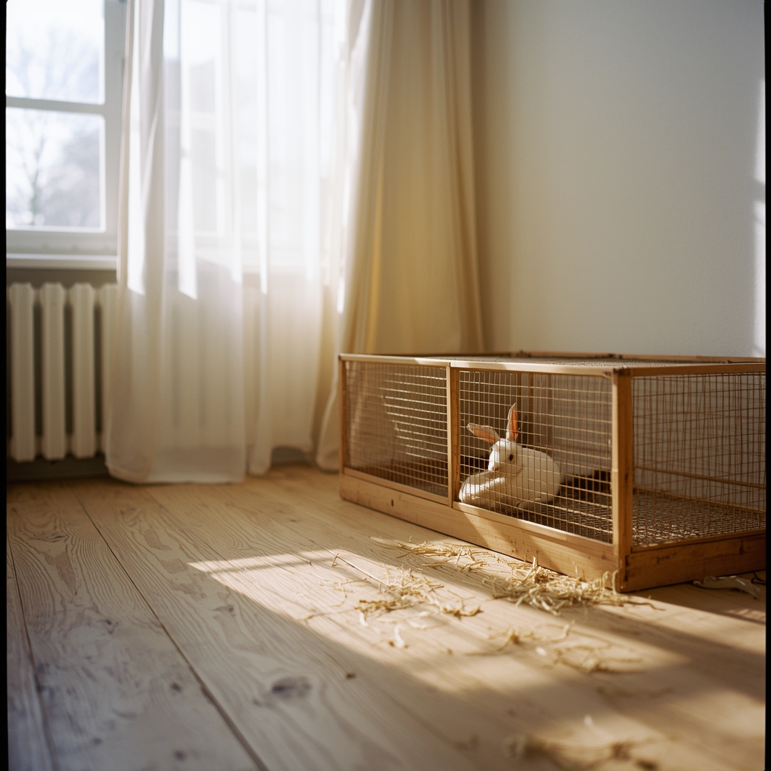 A spacious rabbit cage on a wooden floor near a sunny window