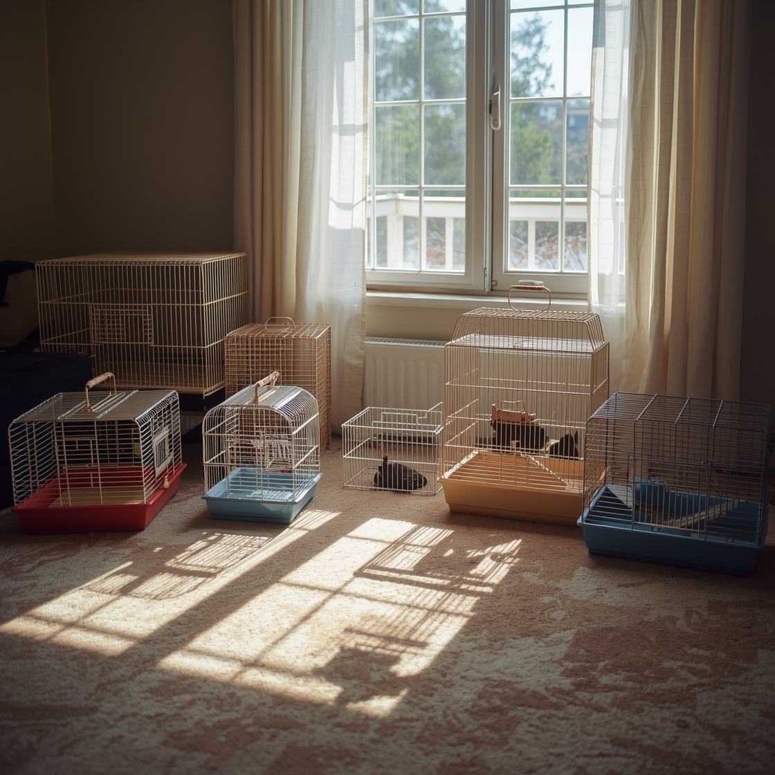 Six rabbit cages for indoor use side by side on carpet