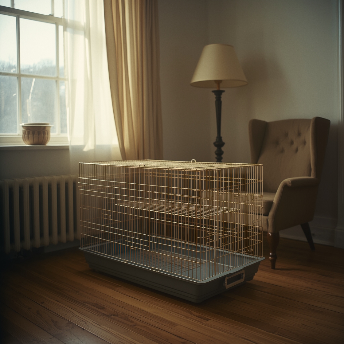 Indoor rabbit cage with pullout tray on hardwood floor