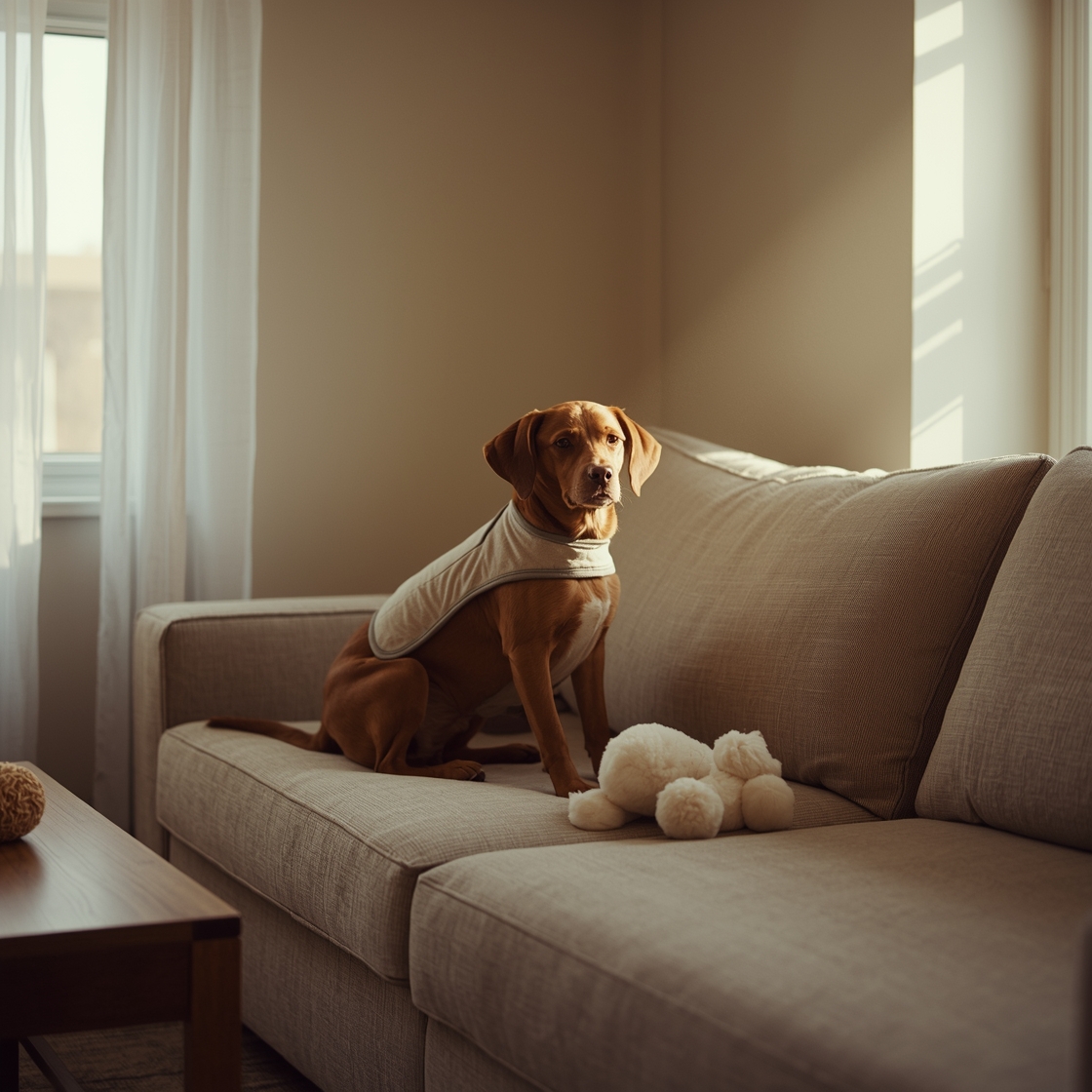 A calm dog wearing an anxiety vest on a couch
