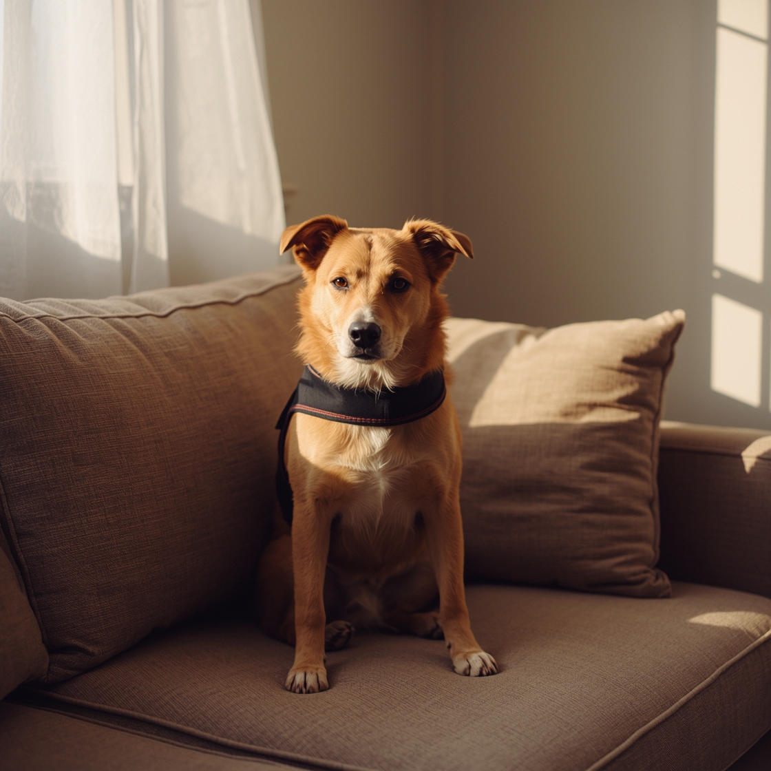 A calm dog wearing an anxiety vest on a couch