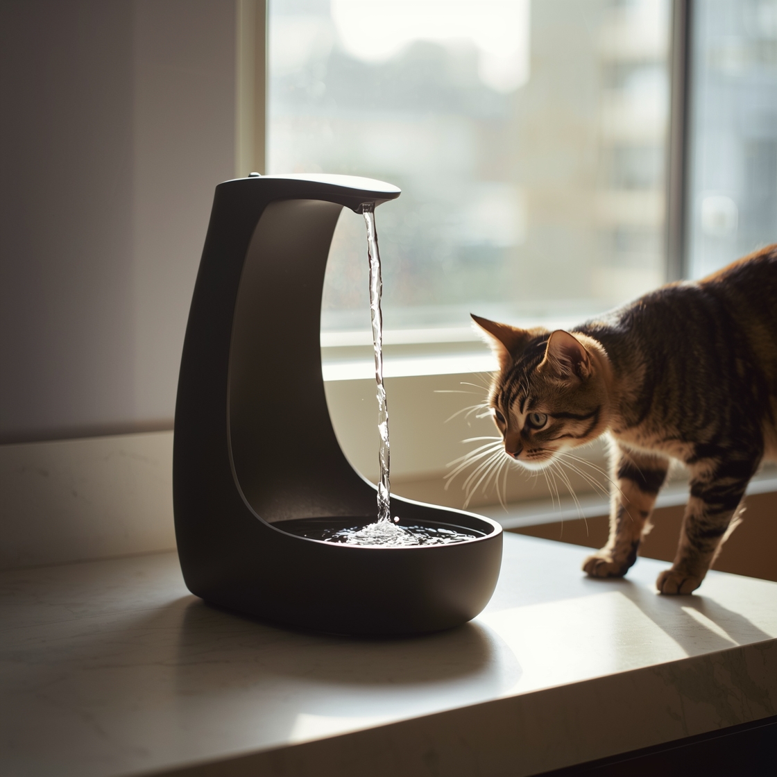 A quiet filtered cat water fountain on a kitchen counter