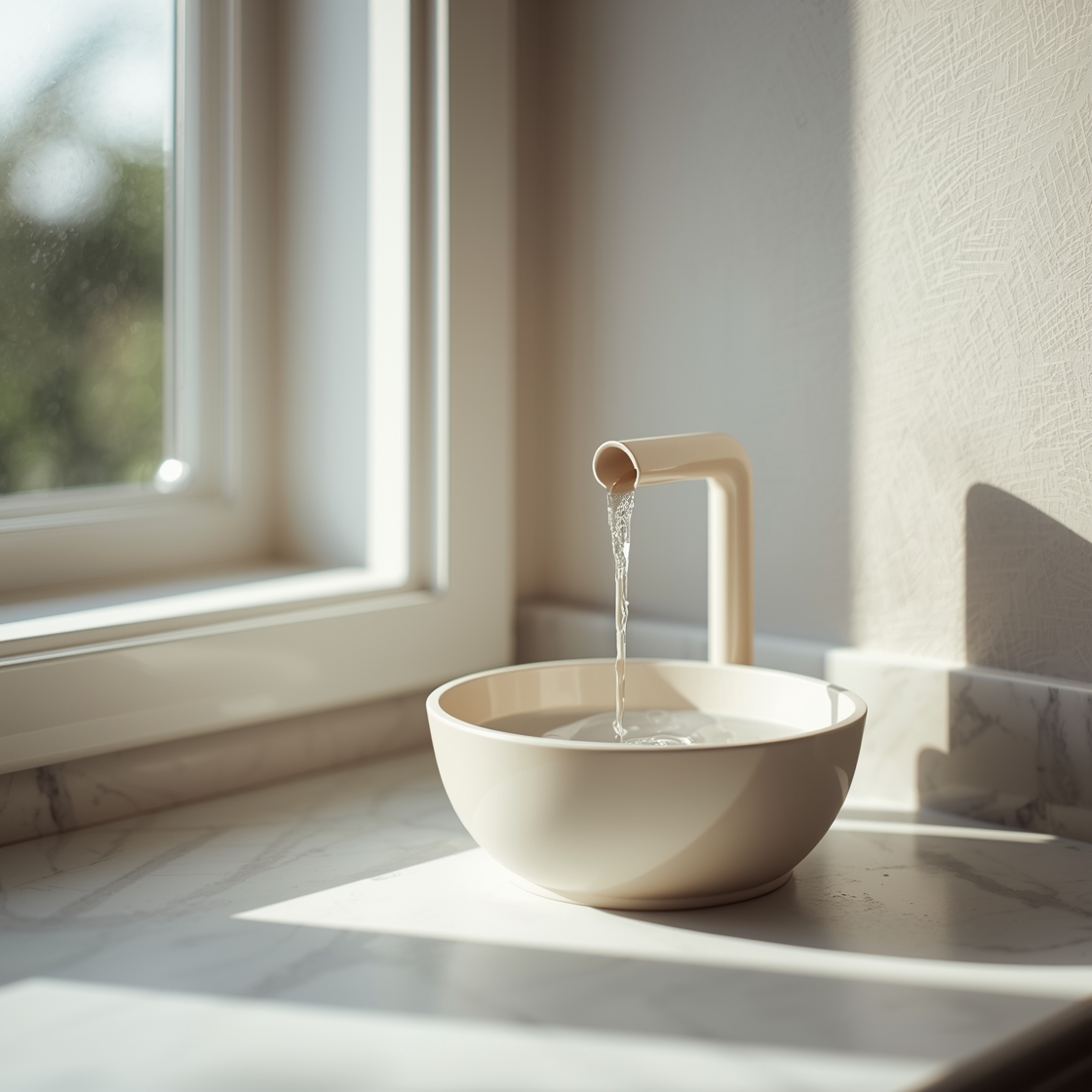 A modern cat water fountain on a white marble countertop