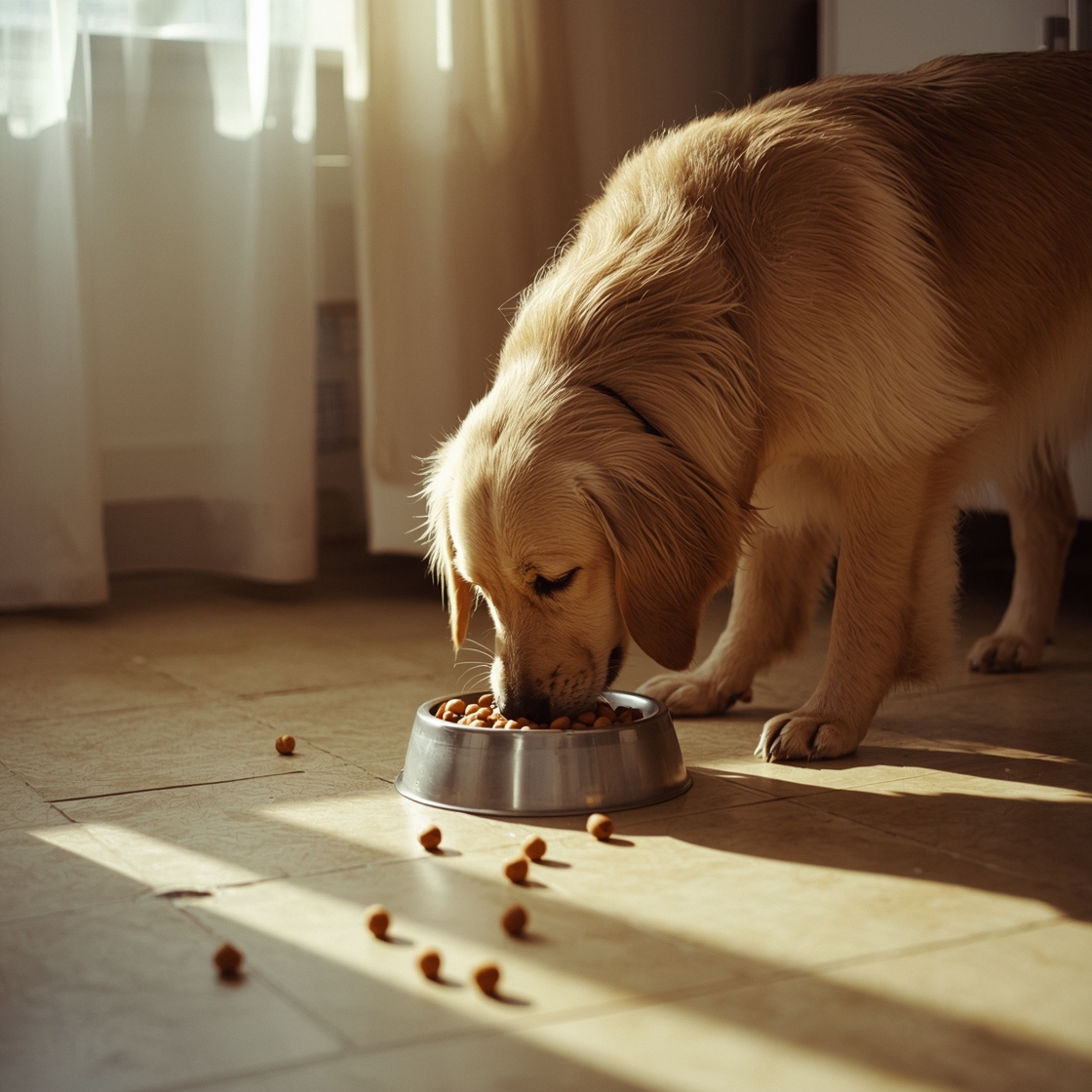 Senior golden retriever eating wet dog food from ceramic bowl