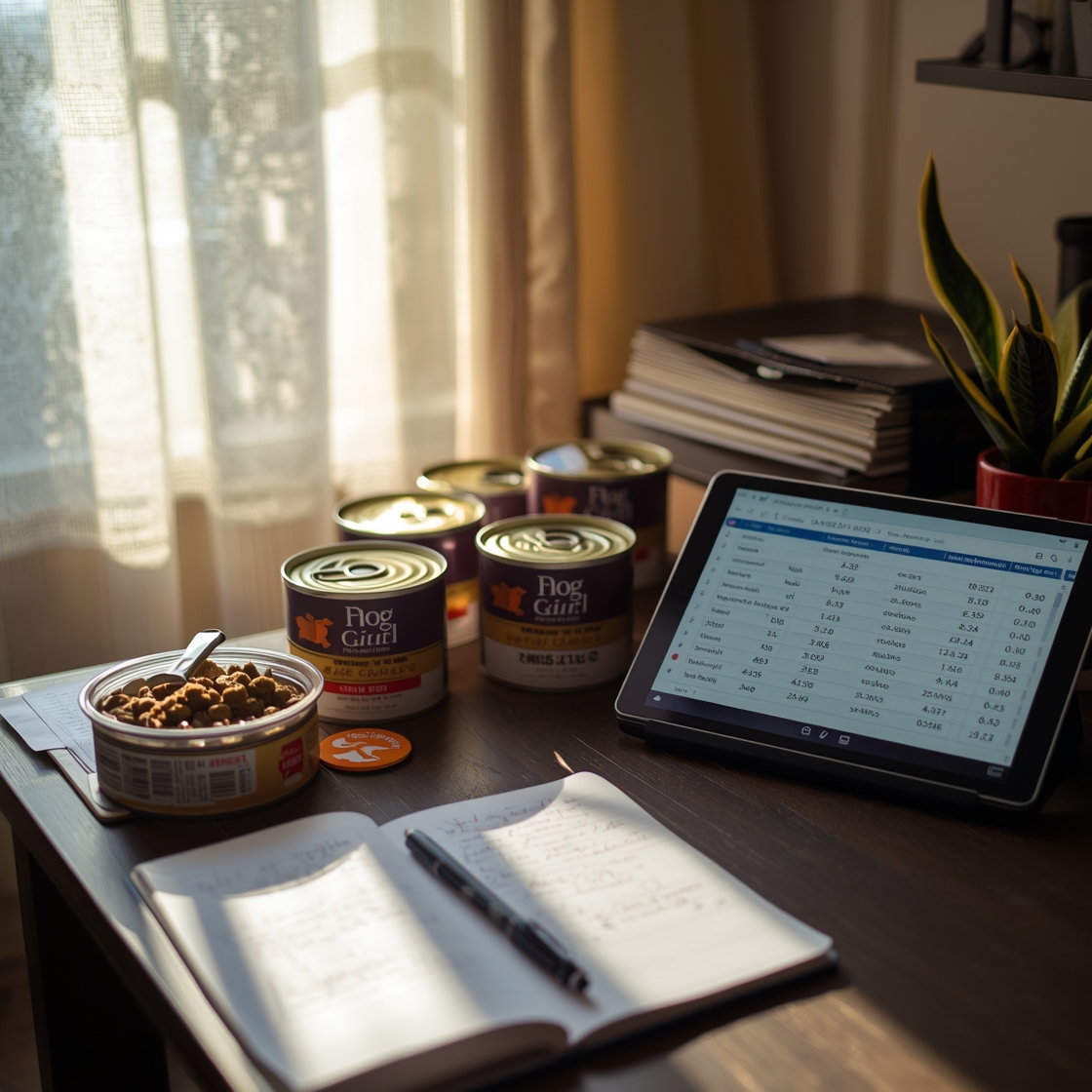 Cluttered home office desk with senior dog food review materials