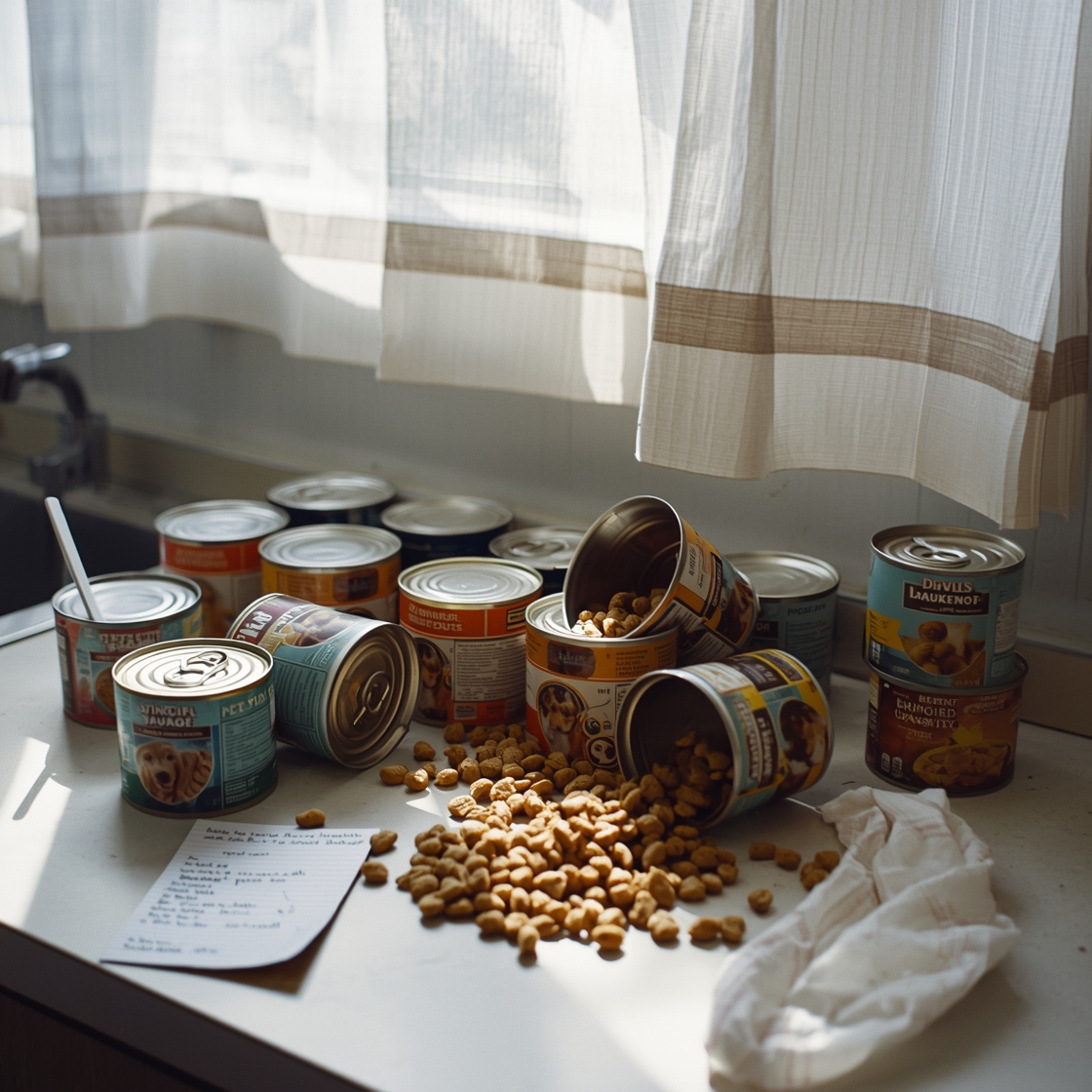 Cluttered kitchen counter with opened cans of senior dog food