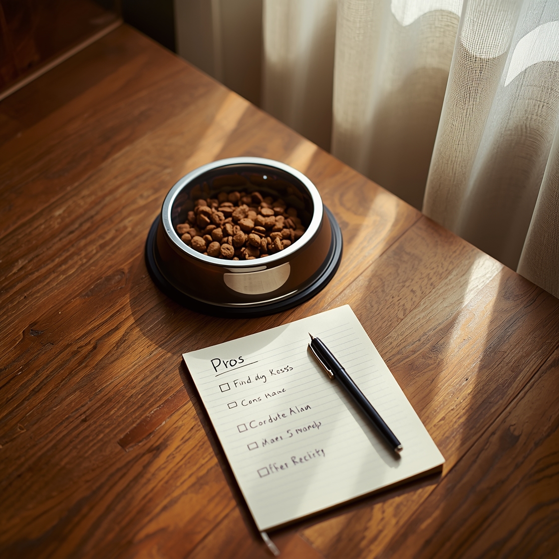 Flat lay of senior dog food bowl and pros cons list